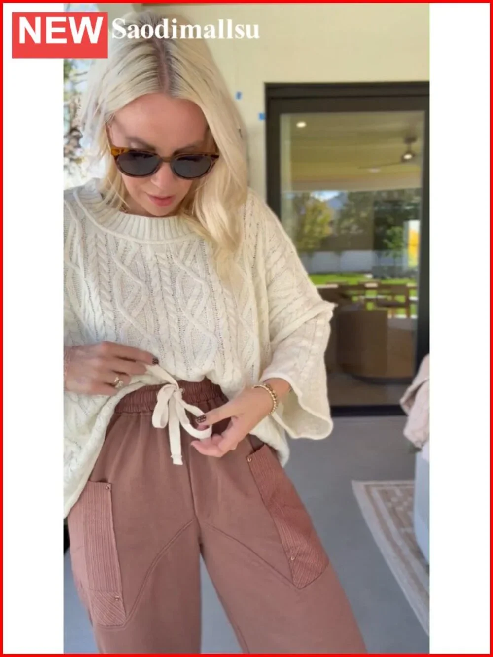 Womens Cable Knit Cropped Sweater Oversize 3/4 Sleeve Pullover